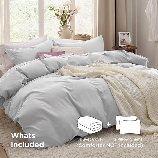 Bedsure Light Grey Duvet Cover Full Size - 3 Pieces Prewashed Extra Soft Cotton-Like Polyester Bedding Set, Includes 1 Duvet Cover 80x90 Inches with Zipper Closure & 2 Pillow Shams, No Comforter