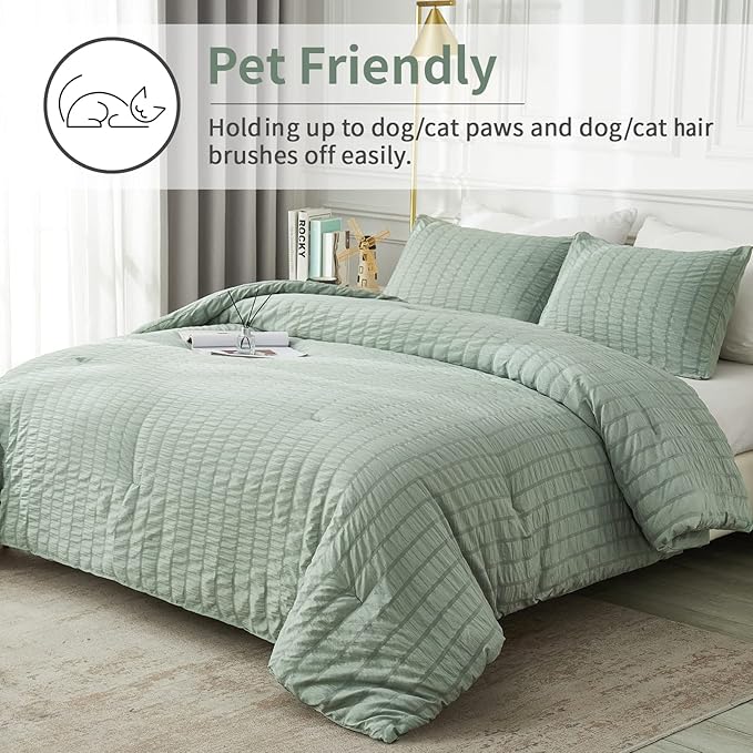 AveLom Sage Green Seersucker Full Comforter Set (80x90 inches), 3 Pieces - 100% Soft Washed Microfiber Lightweight Comforter with 2 Pillowcases, All Season Down Alternative Comforter Set for Bedding