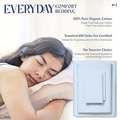 Mayfair Linen 100% Organic Cotton Sheets King Size - 4 PC Organic Cotton King Percale Size Weave Sheet Set, Soft, Cooling, Crisp & Breathable, 16" Deep Pocket Hotel Quality Bedding Set - Light Blue