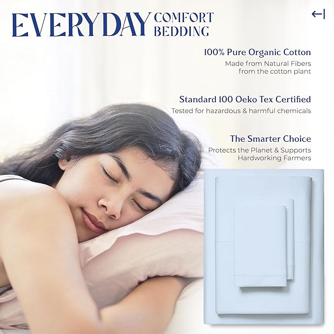 Mayfair Linen 100% Organic Cotton Sheets Twin XL Size - 3 PC Organic Cotton Percale Sheets Twin XL Set (Light Blue), Soft, Crisp, Cooling Bedsheets, 16" Deep Pocket Hotel Bedding - GOTS Certified