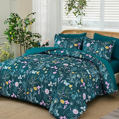 Yiran Teal Blue Comforter Set Queen Size, 7 Piece Floral Botanical Comforter Bedding Set, Farmhouse Bed in a Bag, Soft Microfiber Complete Bedding Set with Sheets for All Season