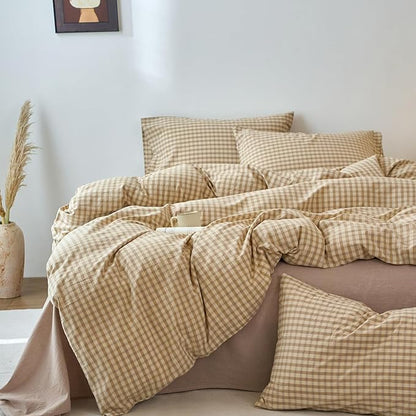 LifeTB Brown Gingham Duvet Cover Grid Bedding Set King 100% Washed Cotton Vintage Plaid Checkered Comforter Cover 3 Piece Beige Tan Plaid Duvet Cover Linen Feel Farmhouse Gingham Bedding Set King