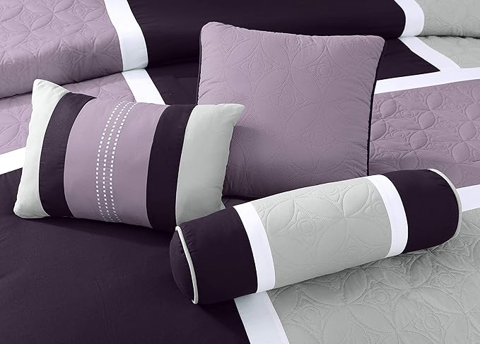 Chezmoi Collection Upland 7-Piece Quilted Patchwork Comforter Set, Lavender/Gray/Purple, Full
