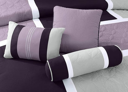 Chezmoi Collection Upland 7-Piece Quilted Patchwork Comforter Set, Lavender/Gray/Purple, Queen