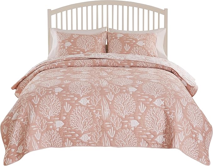 Greenland Home Coastal Paradise Reversible Matelassé Coverlet Set, 3-Piece King/Cal King, Marina Blush