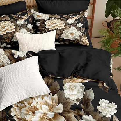 New Chinese Luxury Bedding Set Full Size, Black Peony & Bird Print Lightweight Comforter, Elegant Oriental Bedroom Decor with 2 Pillowcases/79 * 90