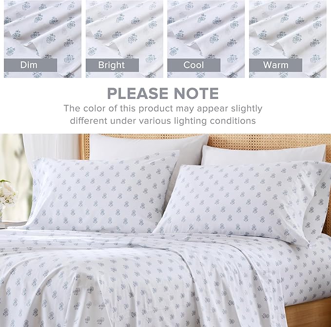 Comfort Spaces 100% Cotton Sheets Twin XL, Breathable, Naturally Cool Cotton Sheets, Soft Cotton Bed Sheets with 12" Elastic Pocket Fits up to 14" Mattress, All Seasons Sheet Set, Floral Blue 3 Piece