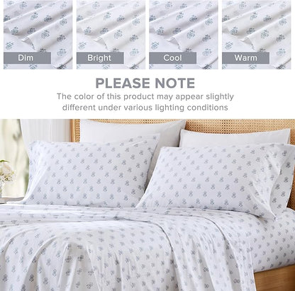 Comfort Spaces 100% Cotton Sheets Twin XL, Breathable, Naturally Cool Cotton Sheets, Soft Cotton Bed Sheets with 12" Elastic Pocket Fits up to 14" Mattress, All Seasons Sheet Set, Floral Blue 3 Piece