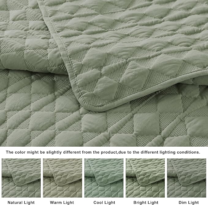 WDCOZY Oversized California Cal King Size Quilt Bedding Sets with Pillow Shams, Sage Green Lightweight Soft Bedspread Coverlet Bed Cover, All Season Spring Summer, 3 Pieces, 116x106 inches