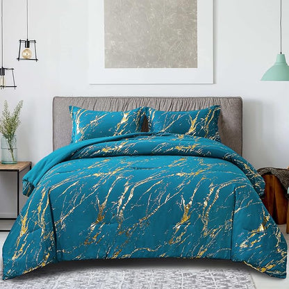 WONGS BEDDING Teal Gold Metallic Marble Comforter Set King Foil Print Glitter Bedding Sets with 2 Pillowcases for All Seasons, Soft Microfiber Filling Bedding Duvet Set 103"x90"