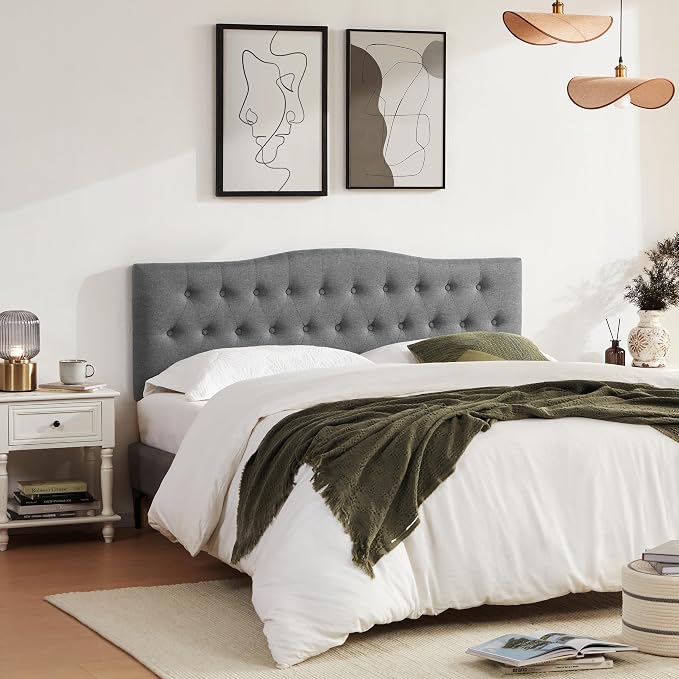 Tufted Headboard Queen Size, Solid Wood Adjustable Height Head Board, Gray | Upholstered Queen Headboard Only with Durable Solid Wood Legs, Adjustable Height 37-51 in, Fabric Button Diamond HeadBoards