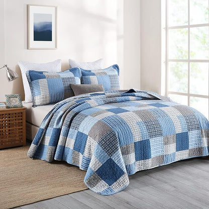 PANGUSHAN Quilts Set Queen Size,100% Cotton Patchwork Plaid Quilt Bedding Set,Blue/Navy Blue Reversible Bedspreads,Farmhouse Lightweight Comforter Set Bed Spread for All Season,3 Pieces