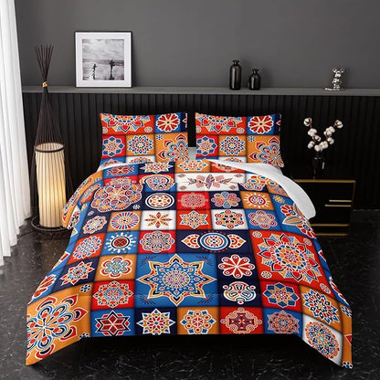 Modern Bohemia Comforter Sets King Size,Square Montage Pattern Bedding Set for Your Room,Abstract Soft Lightweight Quilted Set All Season 1 Comforter and 2 Pillowcases