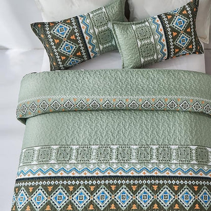 WONGS BEDDING Boho Green Quilt Set Queen,3 Piece Olive Green Fall Bedspread Coverlet Set with Geometry Printed for All Season,Lightweight Morden Bohemian Bedding Set 96"×90"