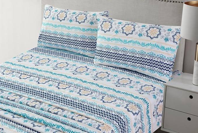 JSD Blue Boho Printed Sheet Set Cal King, 4 Piece Soft Floral Microfiber Sheets Extra Deep Pocket Wrinkle Free