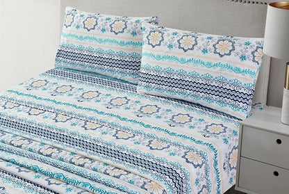 JSD Blue Boho Printed Sheet Set Cal King, 4 Piece Soft Floral Microfiber Sheets Extra Deep Pocket Wrinkle Free