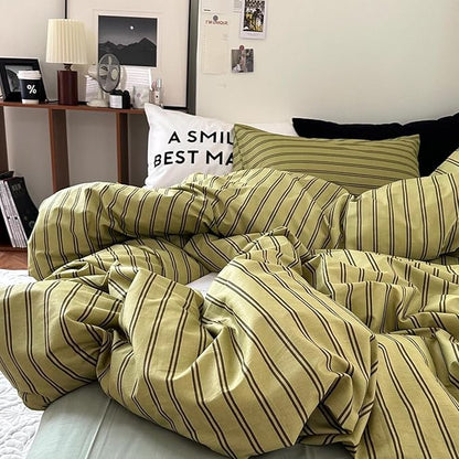 mixinni Vintage Stripes Duvet Cover Set Twin - 3-Piece Mid-Century Cotton Olive & Taupe Striped Bedding, Soft Breathable All-Season Comforter Cover with Zipper Closure & Corner Ties-Twin Size