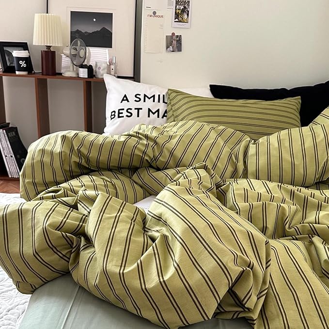 mixinni Vintage Stripes Duvet Cover Set King - 3-Piece Mid-Century Cotton Olive & Taupe Striped Bedding, Soft Breathable All-Season Comforter Cover with Zipper Closure & Corner Ties-King Size