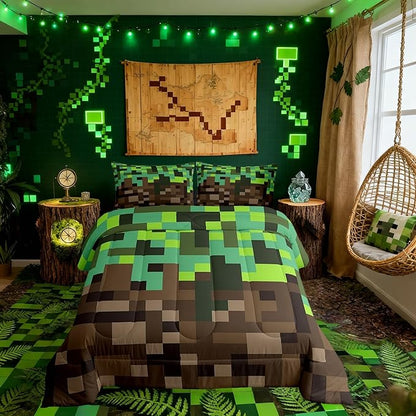 Miners Pixel Checked Comforter Set King Size,Video Games Check Lattice Kids Bedding Set,Game Cartoon Gamepad Quilt Comforter,Green Brown Duvet Insert,2 Pillowcases