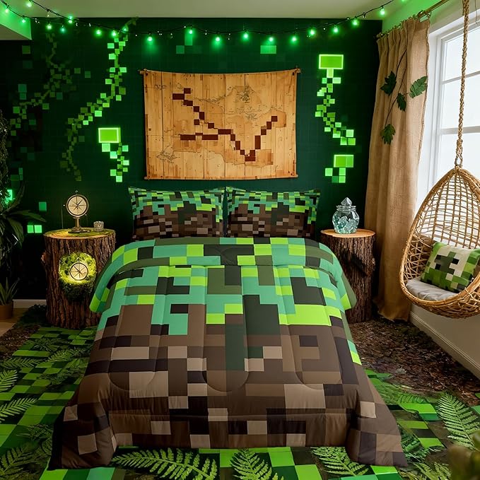 Miners Pixel Checked Kids Bedding Set Queen Size,Video Games Check Lattice Comforter Set,Game Cartoon Gamepad Quilt Comforter,Green Brown Bedroom Duvet Insert,2 Pillowcases