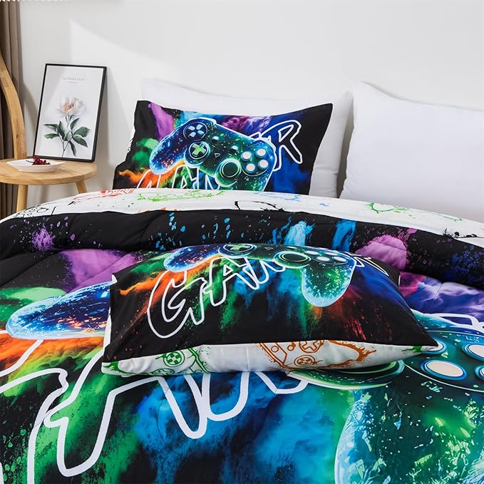 Aimuan Gamer Gaming Bedding Sets 3D Gamepad Comforter Sets for Boys Games Console Action Buttons Novelty Colorful Game Controller Modern Room Decor Home Quilt Set (Black-Green, Twin)