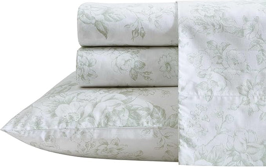 Laura Ashley - Twin XL Sheets, Cotton Percale Bedding Set, Lightweight & Breathable Home Decor (Toile Delight Green, Twin XL)