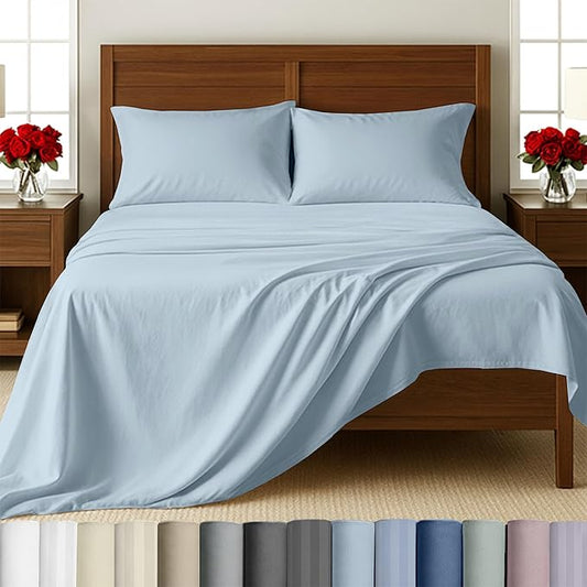 California Design Den - King Size Sheets Set, Soft 100% Cotton Sheets Deep Pockets Set, Snug Fit Elastic, 500 Thread Count Sateen, Premium Quality Bedsheet Set - Blue (Grey Tone)