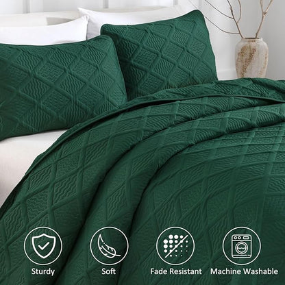 Yiran California King Quilt Set, Emerald Green Oversized Bedspread Bedding Set, Lightweight Diamond Pattern Soft Microfiber Modern Style Coverlet with 2 Pillow Shams 112x104 inch