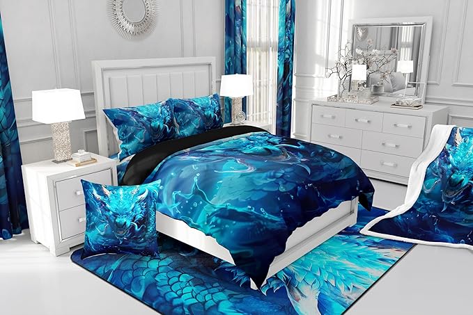 3D Dragon Bedding Set Full Size,Western Magical Dragon Gothic Comforter Set for Kids Boys Teens Men Room Decor,Waterdrop Nature Animal Duvet Insert 3Pcs,Wildlife Retro Quilt Set,2 Pillowcases