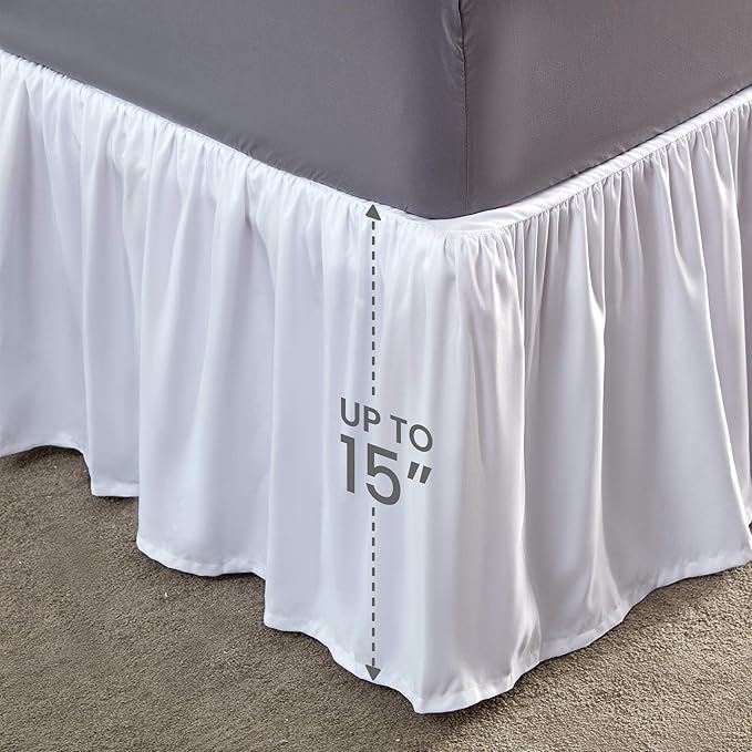 SLEEP ZONE Ruffled Bed Skirts Full Size, Anti-Static Bedskirt Dust Ruffles with 15 inches Tailored Drop, Easy Fit, Fade Resistant, White, Full