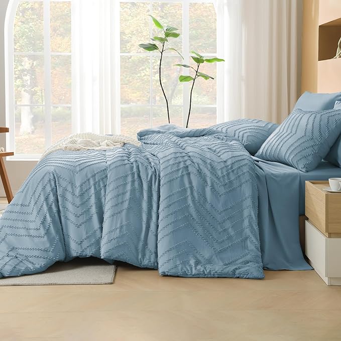Litanika Grayish Blue California King Size Comforter Set with Sheets - 7 Pieces Bed in a Bag California King Boho Tufted Complete Bedding Sets with Comforter, Sheets, Pillowcases & Shams
