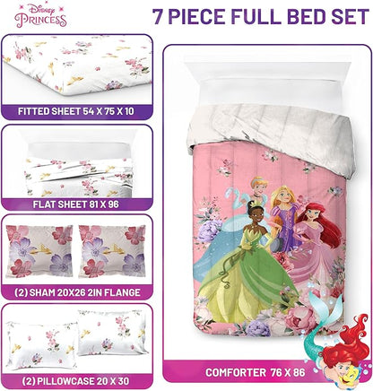 Jay Franco Disney Princess Full Size Comforter Set - 7 Piece Bedding Includes Sheet Set & Pillow Covers - Super Soft Cozy Floral Bedding with Cinderella and Ariel