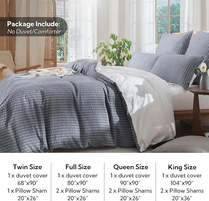 MILDLY Jacquard Stripe Duvet Cover - 100% Washed Cotton Charcoal Boho Textured Comforter Cover Set with Zipper Closure 90"x90"