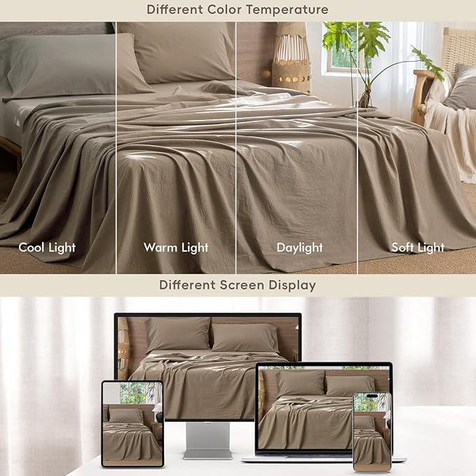 MooMee Bedding Sheet Set 100% Washed Cotton Linen Like Textured Breathable Durable Soft Comfy (Solid Mocha Brown, Full)