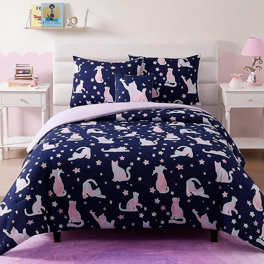 Full Size Comforter Set for Girls-4 Pieces Cute Cat Full Bedding Sets for Kids, 1 Comforter, 2 Shams and 1 Decor Pillow