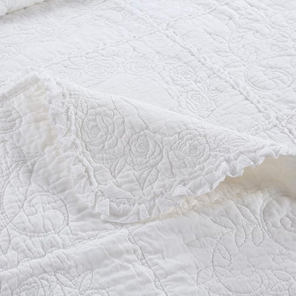 DURLENGEN White Rose Patchwork 100% Cotton King Quilt 3Pcs,White Patchwork with Rose Pattern,Luxury Lightweight Cotton Coverlet Sets for All Season(King 106x96,White Rose Patchwork)