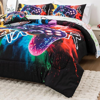 Aimuan Gamer Gaming Bedding Sets 3D Gamepad Comforter Sets for Boys Games Console Action Buttons Novelty Colorful Game Controller Modern Room Decor Home Quilt Set (Black-Purple, Twin 6PCS)