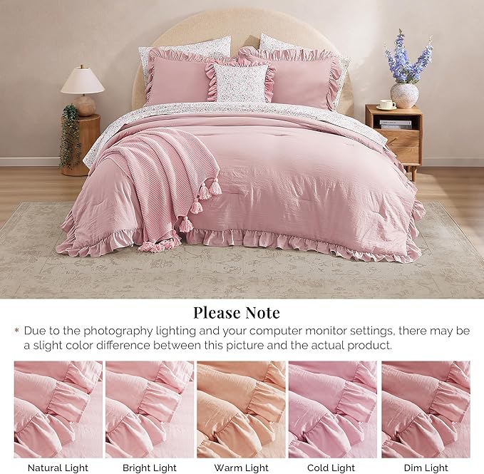 Queen Comforter Set - 7 Pieces Ruffle Soft Pink Bedding Sets, Shabby Chic Farmhouse Bed in a Bag Queen with Ruffle Comforter, Floral Sheets, Pillowcases & Shams