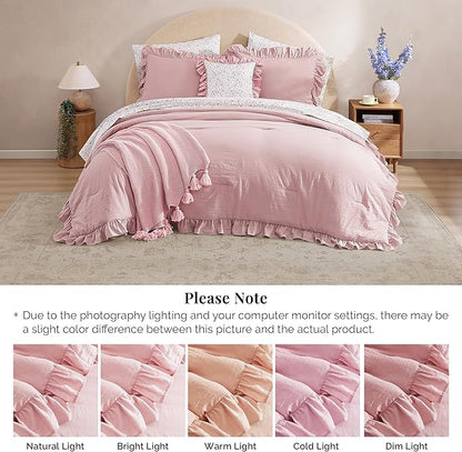 Full Comforter Set - 7 Pieces Ruffle Soft Pink Bedding Sets, Shabby Chic Farmhouse Bed in a Bag Full with Ruffle Comforter, Floral Sheets, Pillowcases & Shams