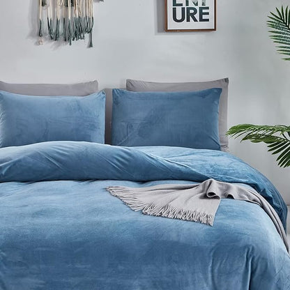 Houseri Velvet Blue Comforter Set California King Fluffy Dusty Blue Flannel Bedding Sets Puffy Lake Blue Cal King Comforter Sets Light Blue Sherpa Comforter Oversized King Warm Fuzzy Quilts Cal King