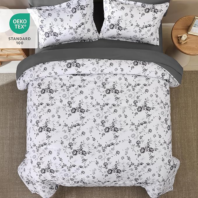 Luxudecor Floral King Comforter Set 7 Pieces Bed in a Bag, Black Rose Romantic Flower Bed Set, Soft Reversible Comforter with Sheet Set 104"x90"