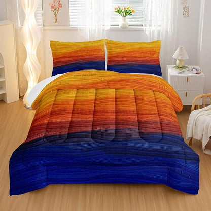 Geometric Splicing Comforter Sets Twin Size,Orange and Blue Graffiti Bedding Set for Your Room,Abstract Soft Lightweight Quilted Set All Season,1 Comforter and 2 Pillowcases
