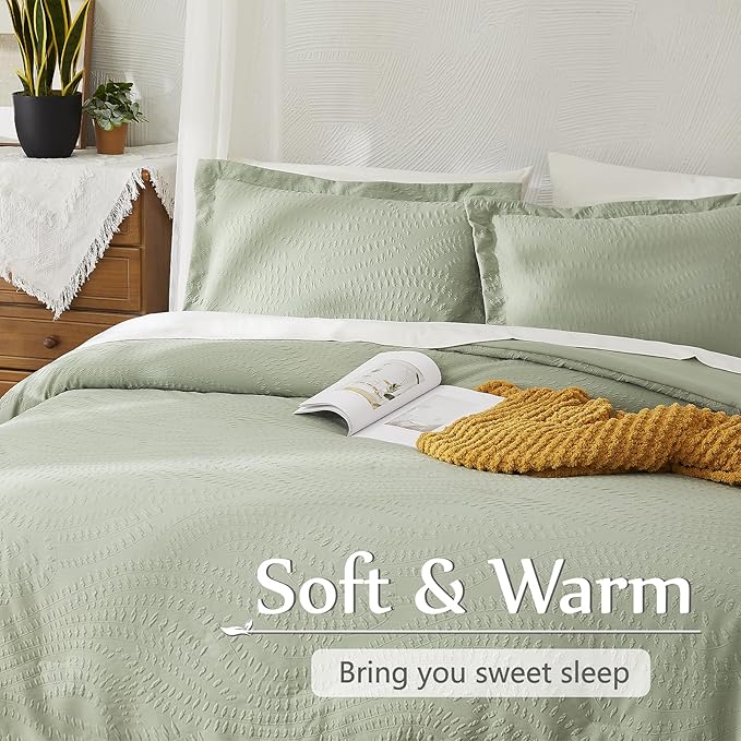 Geniospin Full Size Comforter Set - 7 Pieces Textured Sage Green Bedding Sets, Boho Shabby Chic Comforter Set, All Season Comfortable Bed in a Bag with Comforter, Sheets, Pillowcases & Shams