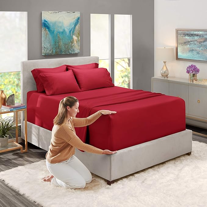 Hearth & Harbor Extra Deep Pocket Sheets - Fits Mattress 18-24 Inches Deep - Extra Deep Pocket Twin XL Sheets Sets - 4 Piece Twin XL Size - Burgundy