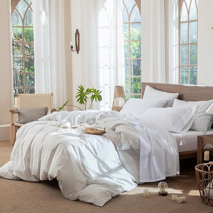MooMee Bedding Sheet Set 100% Washed Cotton Linen Like Textured Breathable Durable Soft Comfy (Solid Bright White, Twin XL)