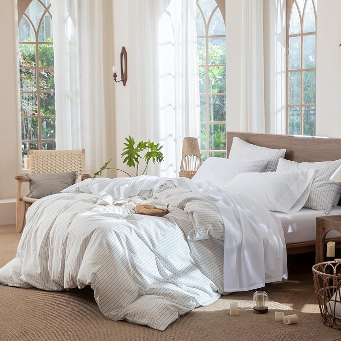 MooMee Bedding Sheet Set 100% Washed Cotton Linen Like Textured Breathable Durable Soft Comfy (Solid Bright White, Split King)