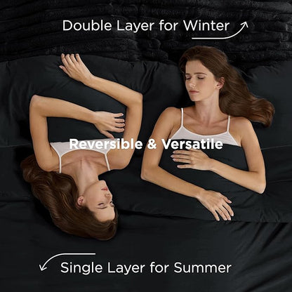 Bedsure Gentlesoft™ 2-in-1 Queen Comforter Set and Detachable Fluffy Blanket, Black Bedding Set for All Season Use, SnapTech™ Design for Space Saving (Includes 2 Pillow Shams, 2 Pillowcases)