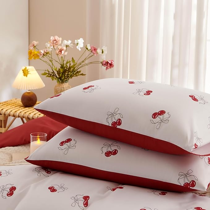 White Queen Comforter Set - Red Cherry Comforter Set Queen Size, Heart Quilt Bedding Set 3 Pieces, Soft & Lightweight Comforter(90‘’ x 90‘’) for Girl All Season & 2 Pillowcases(30‘’x20‘’)