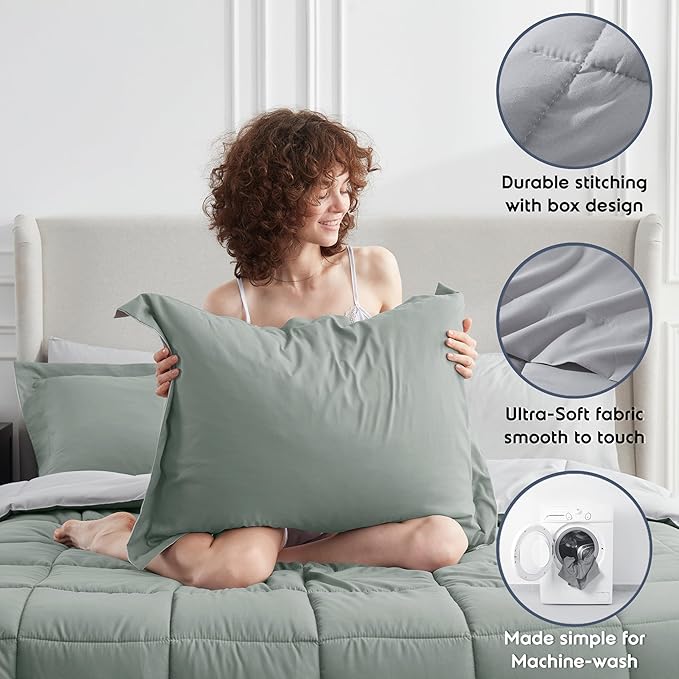 Nestl 7 Piece Queen Comforter Set – Sage Green Reversible Bed in a Bag – Complete Queen Size Bedding Set with Sheets, Pillowcases and Shams