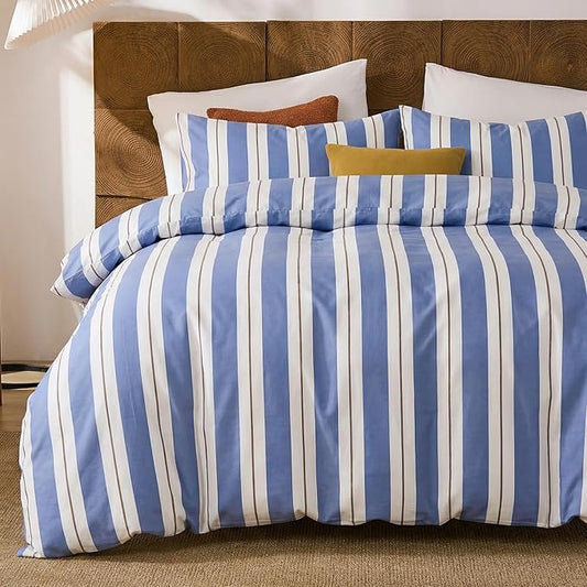 Merryword Blue and White Striped Duvet Cover Set King Size 100% Cotton Bedding Set with Modern Coastal Style Soft Breathable Linen Like Bedding Set 3 Pieces
